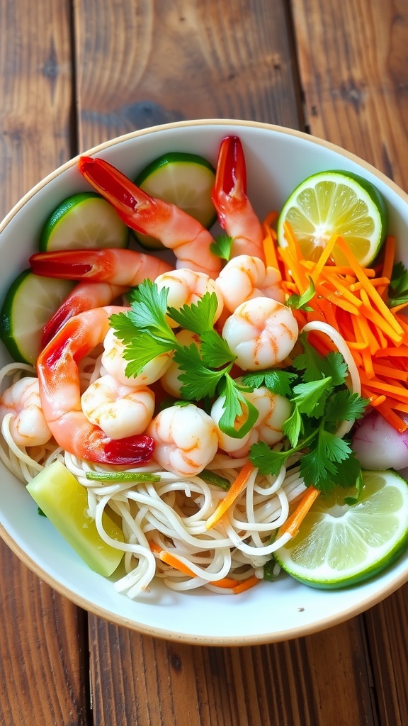 A shrimp vermicelli bowl with shrimp, vermicelli noodles, carrots, cucumber, and bean sprouts, garnished with cilantro and lime.